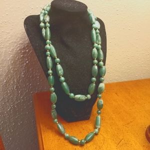 Carved Jade and Gold Clamp Bead Extra Long Vintage Necklace